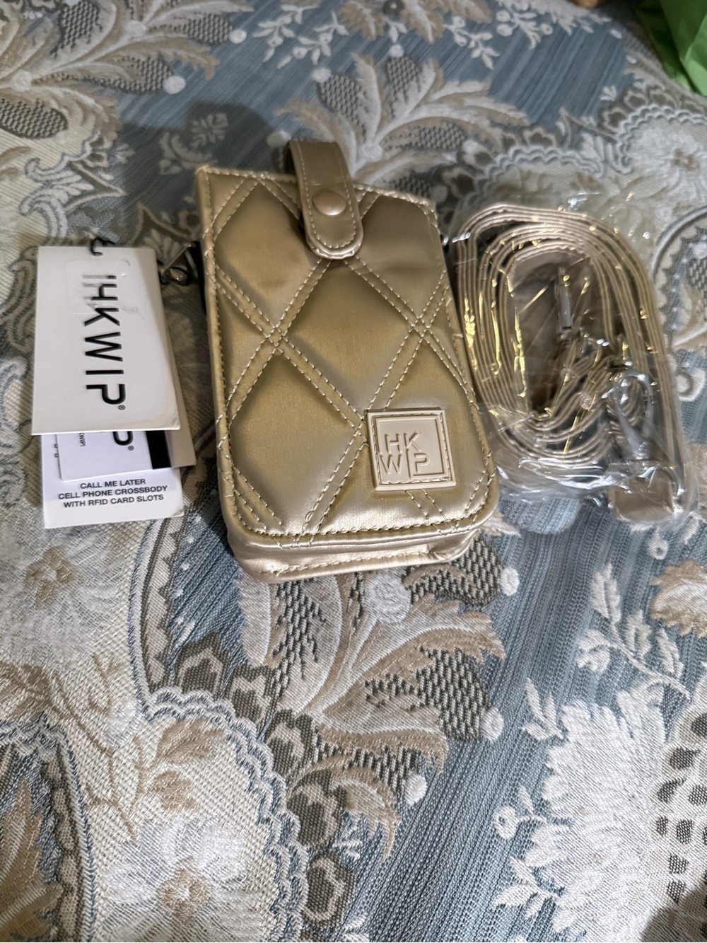 IHKWIP Call Me Later Gold Quilted Cell Phone Crossbody RFID
